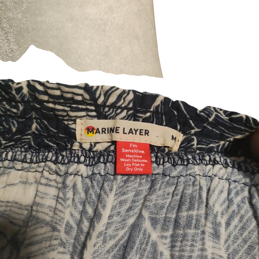 Marine Layer Shirley Navy Blue White Palm Leaf Off Shoulder Ruffle Mini Dress M - Picture 13 of 16